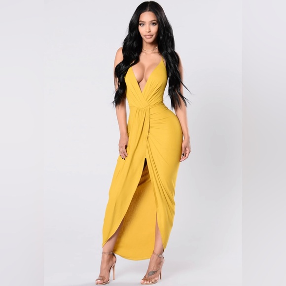 NWT FASHION NOVA Sexy Mustard Maxi Bodycon Dress - Picture 3 of 9
